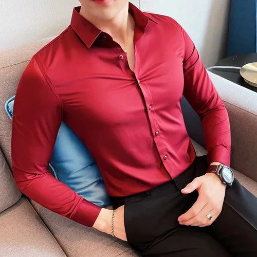 10Color High Quality Solid Dress Shirt Men Simple Long Sleeve Slim Fit Business Shirts Homme Social Casual Shirt Plus Size 5XL-M