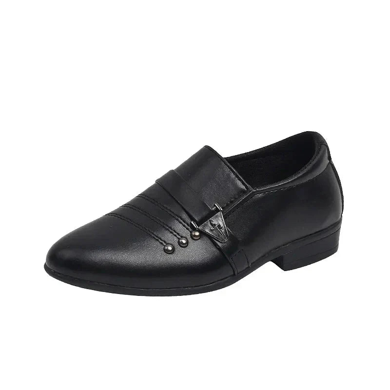 Showlu boys leather loafers with a polished finish, ideal for formal weddings and school parties, showcasing classic design and craftsmanship.