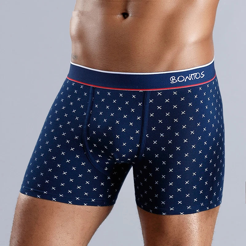 Men's cotton print boxer shorts by Showlu Fashion Store, soft knit underwear with colorful pattern and comfortable fit.