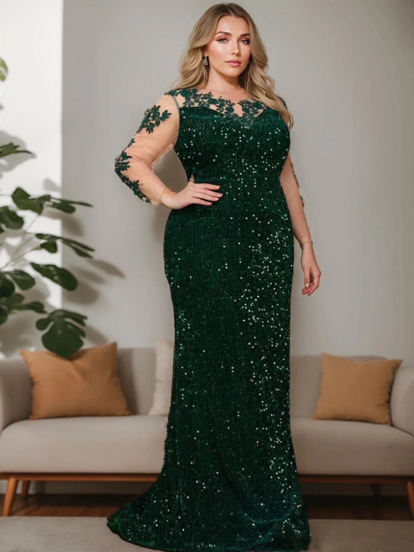 SHOWLU FASHION STORE Romagic blue sequin evening dress with long sleeves and mesh mermaid gown silhouette.
