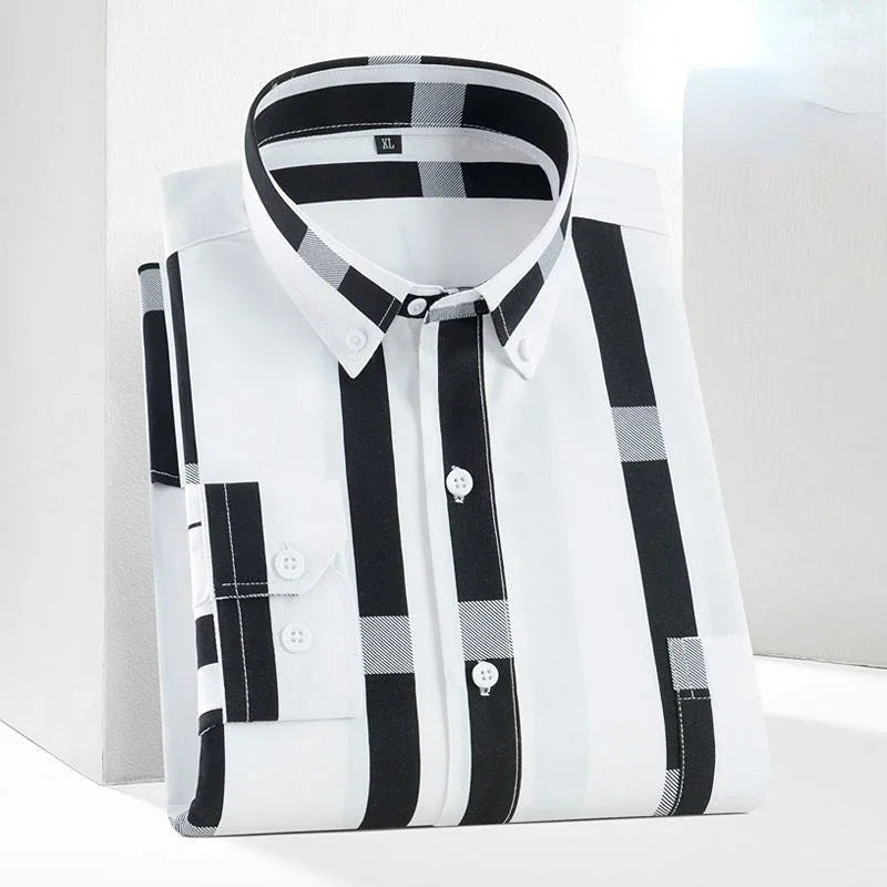 Men's printed long-sleeved striped shirt by Showlu Fashion, casual Korean style with pockets for spring and autumn.