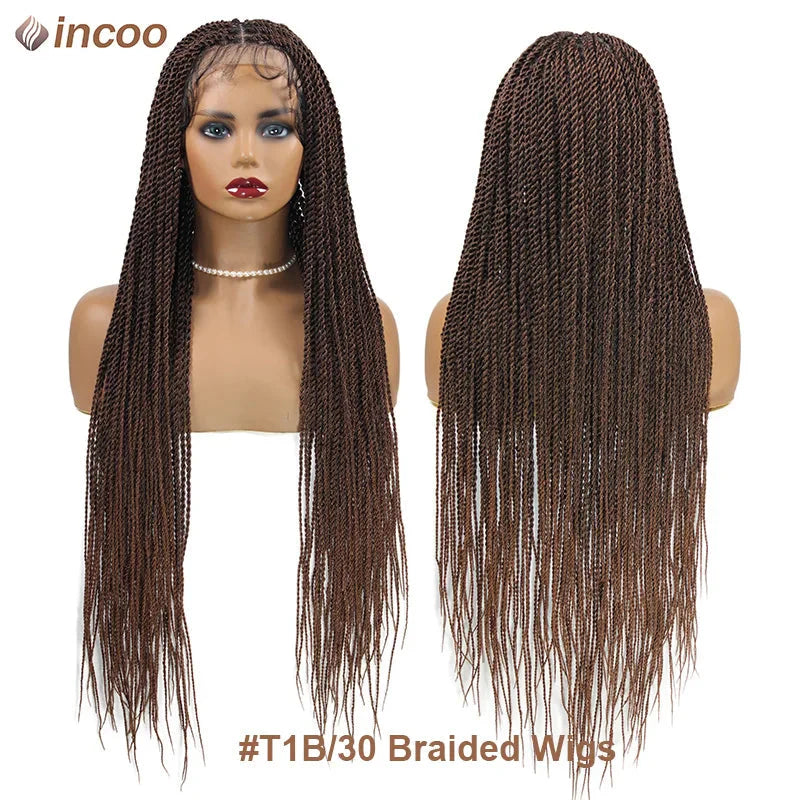 Senegalese twist braids lace front wig with Kanekalon fiber, showing natural hairline and detailed twist hairstyle.
