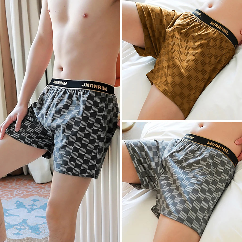 Showlu men's cotton plaid boxer shorts in a 3-pack, loose fit, breathable underwear with classic plaid pattern.