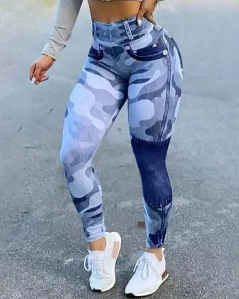 High waist denim look print leggings for women with tummy control and butt lift design, slim fit spring summer fashion by Showlu.