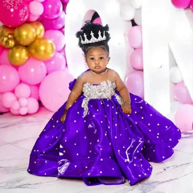 Fuchsia Beading Girl's Birthday Party Dresses Customized Ball Gown Puffy Flower Girl Dress Princess Baby Kids Pageant Gowns
