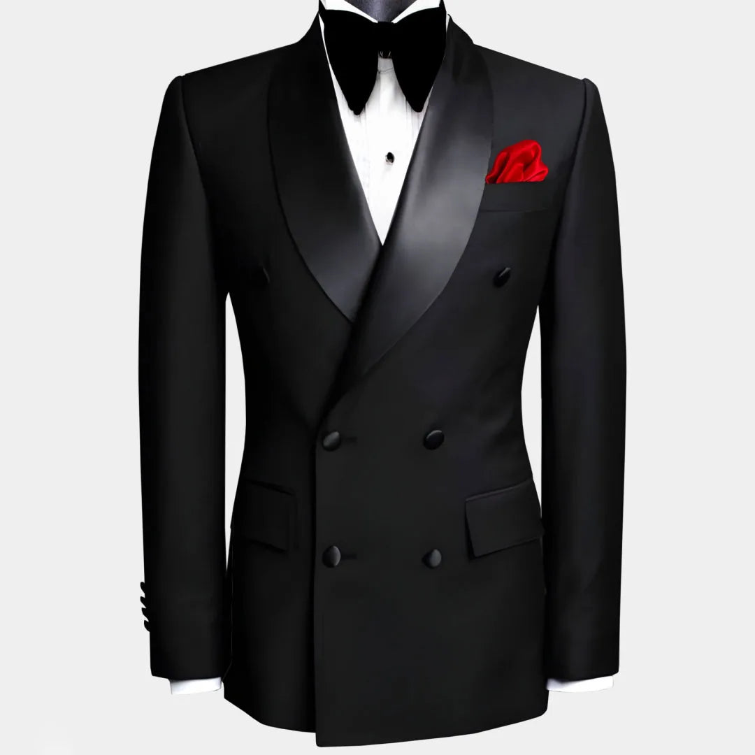 Black men's 2-piece double-breasted suit by Showlu Fashion Store, featuring a smart casual style with tailored fit and classic design.