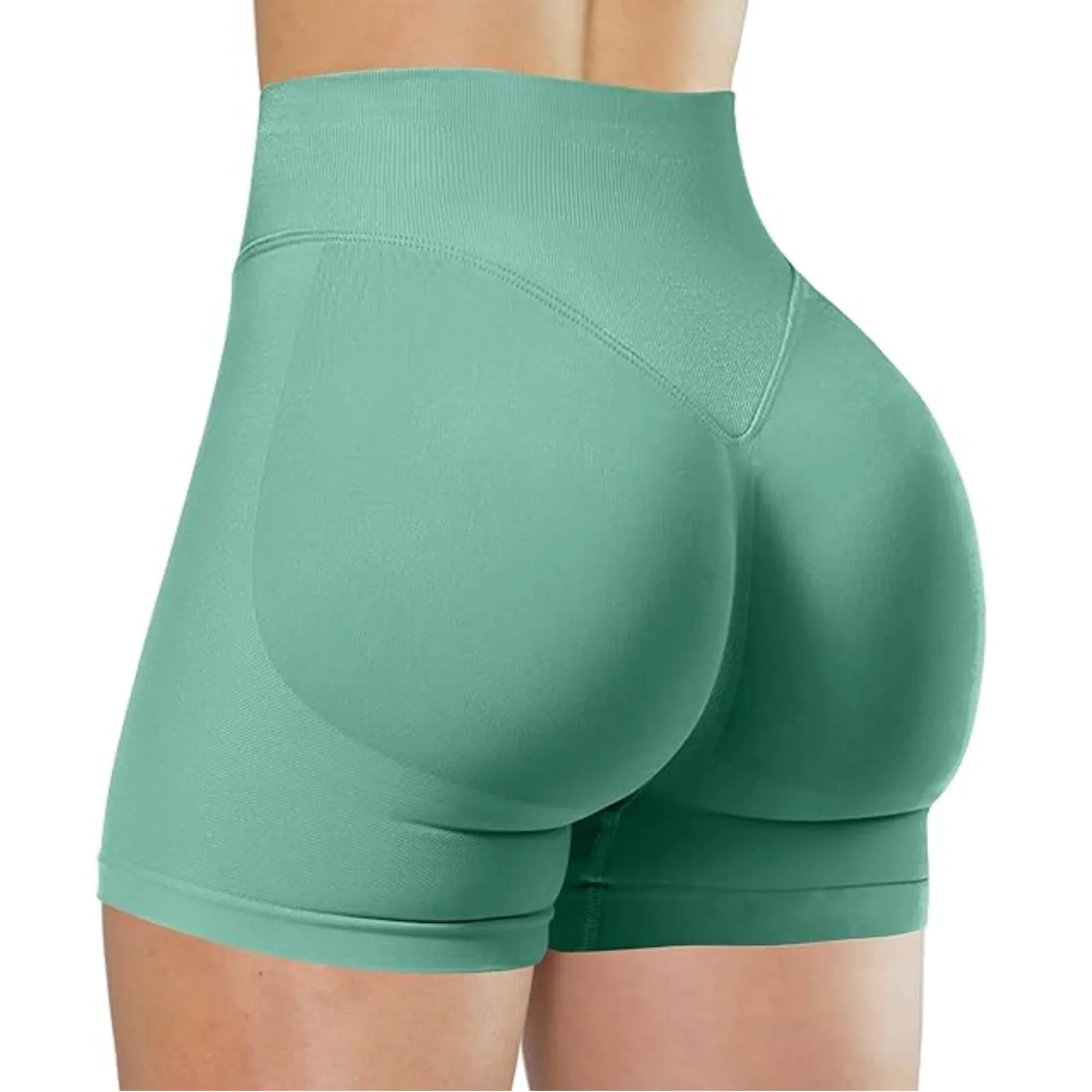High-waisted women's yoga shorts made of nylon spandex, shown in black, designed for running and active workouts.