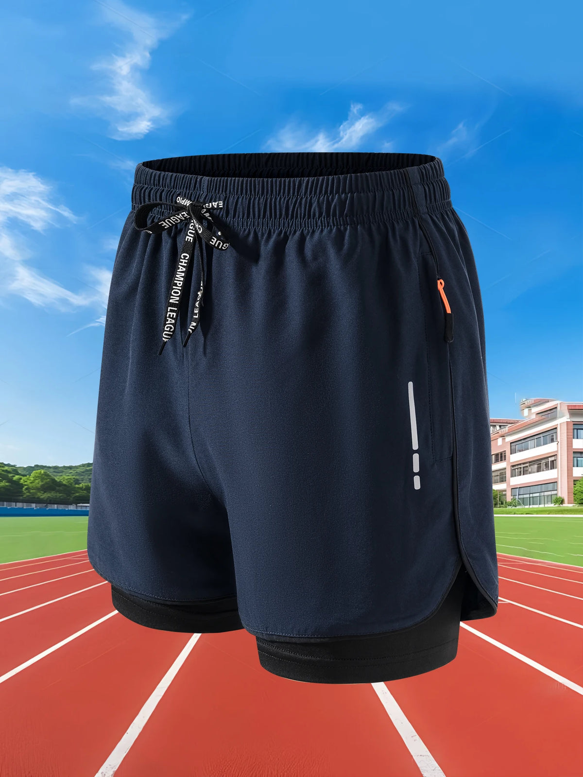 Men's summer running shorts by Showlu Fashion, 2-in-1 fitness gym training shorts with quick dry fabric and double deck design.