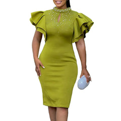 Women's 2025 new spring/summer fashion sexy lotus sleeve beaded party dinner dress trend dress