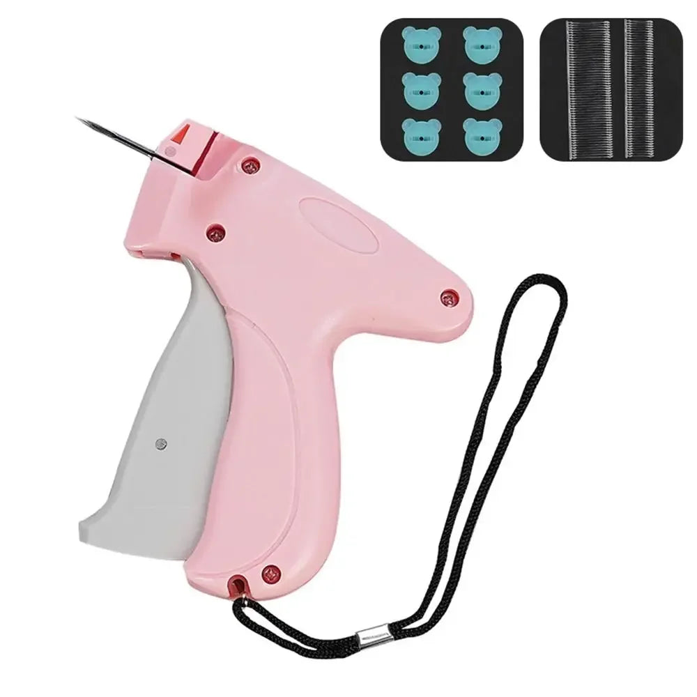 SHOWLU Portable Quick Clothing Fixer and Micro Stitch Tag Gun for clothes, shown with needle and fabric in use.