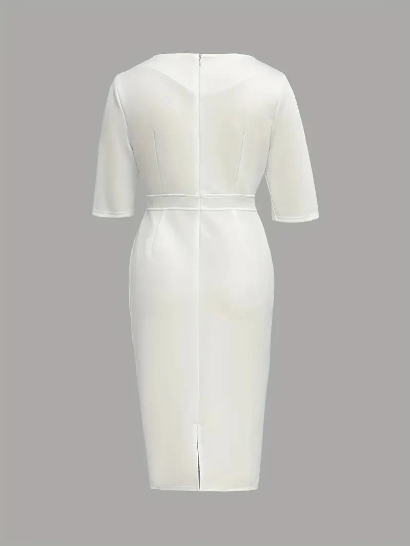 Slim fit Showlu Women's mid-calf sheath dress with split sleeves, styled on a model, showcasing elegant and modern design.