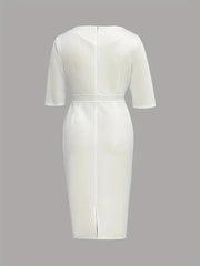 A white mid-length sheath dress with a round neckline, short sleeves, and a back zipper.