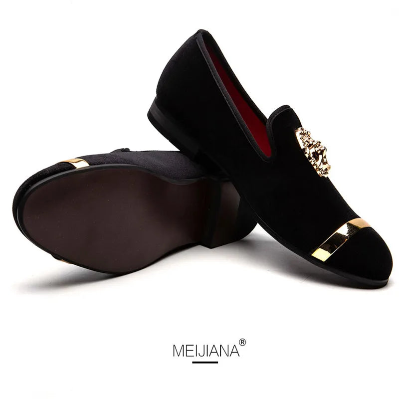 HKGS men's velvet loafers with gold tiger metal detail, stylish party dress shoes by Showlu Fashion Store