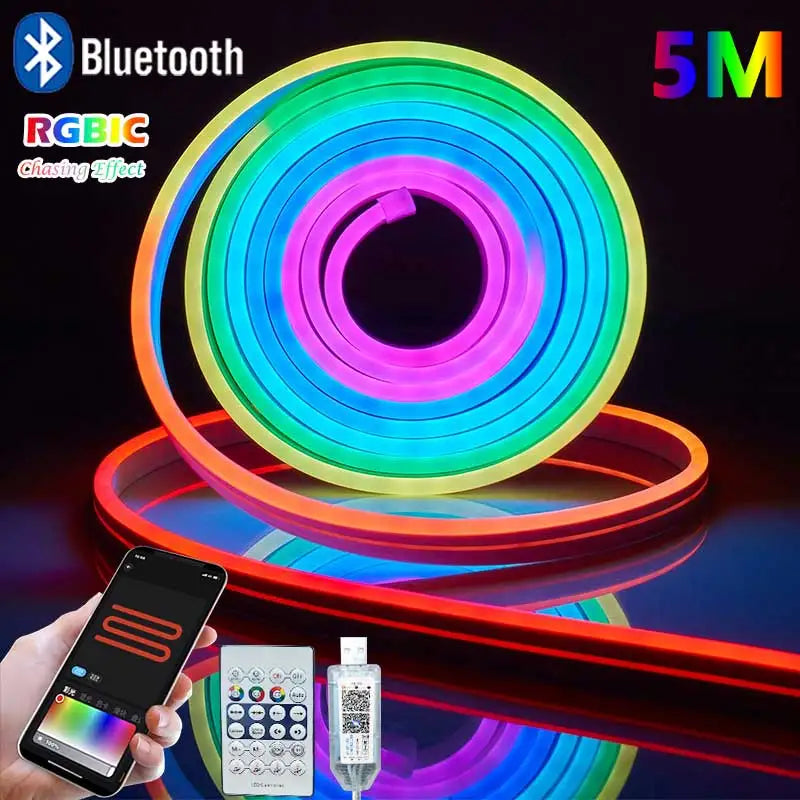 RGBIC Neon LED strip light by Showlu Smart General with Bluetooth app control, showcasing colorful illuminated flexible lighting.