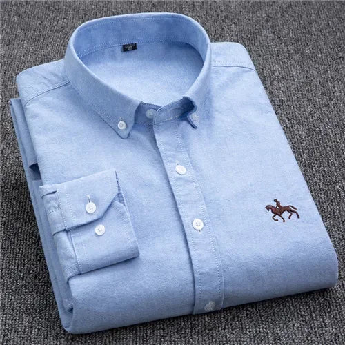 White men's casual cotton Oxford shirt with long sleeves, embroidered horse design, regular fit, button-up dress shirt by Showlu Fashion