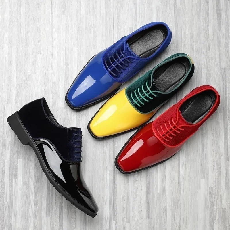 Showlu Fashion men's oxford shoes in yellow, blue, red, and black leather, suitable for formal, business, or wedding occasions.