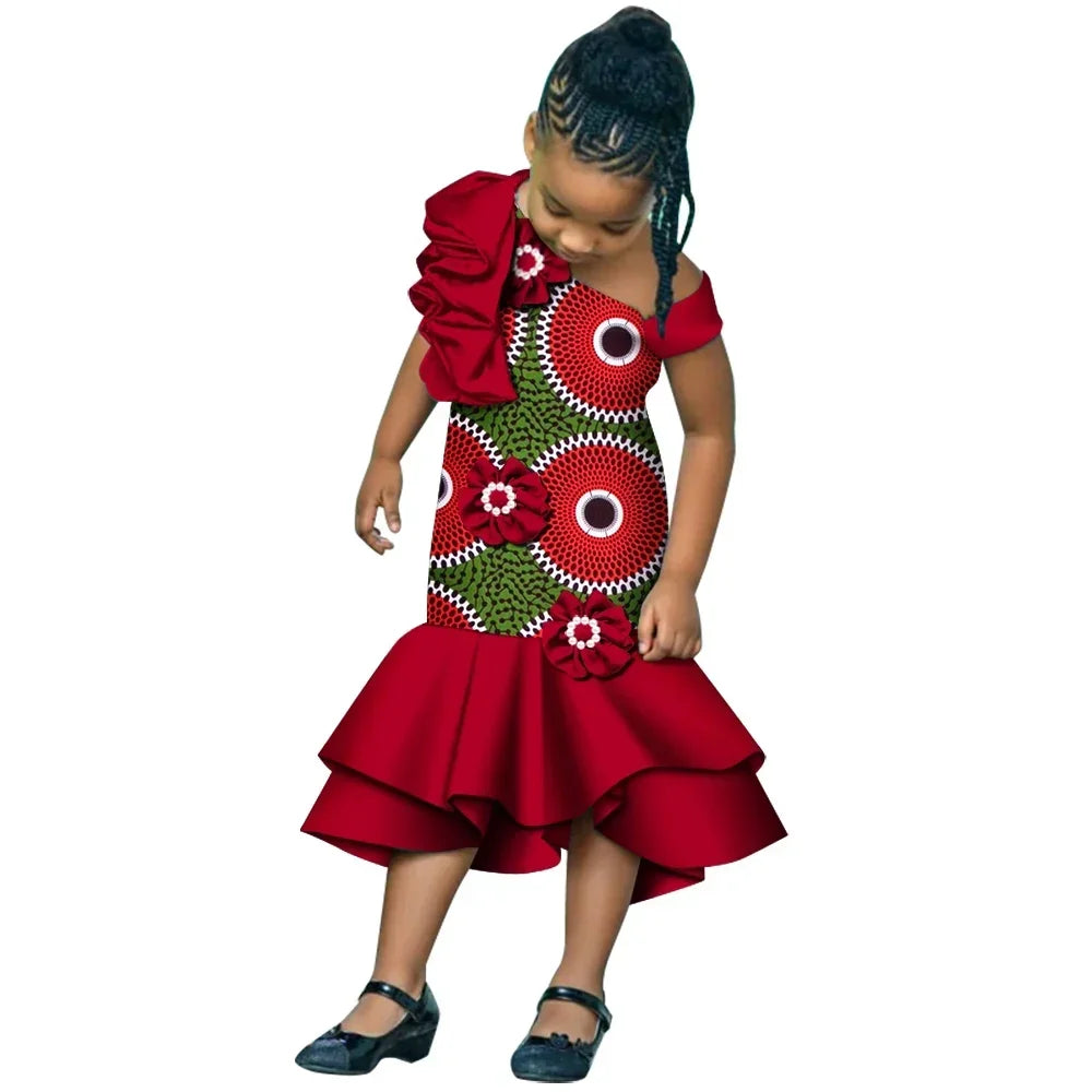 African print girls' mermaid dashiki dress by SHOWLU FASHION STORE, made of cotton with vibrant patterns for festive occasions.