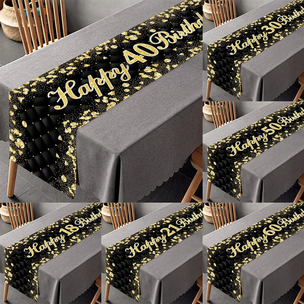Black gold birthday table runner with gold lettering, ideal for birthday parties and anniversary celebrations, made by Showlu Fashion Store.