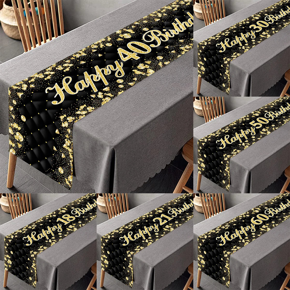 Black gold birthday table runner with gold lettering, ideal for birthday parties and anniversary celebrations, made by Showlu Fashion Store.