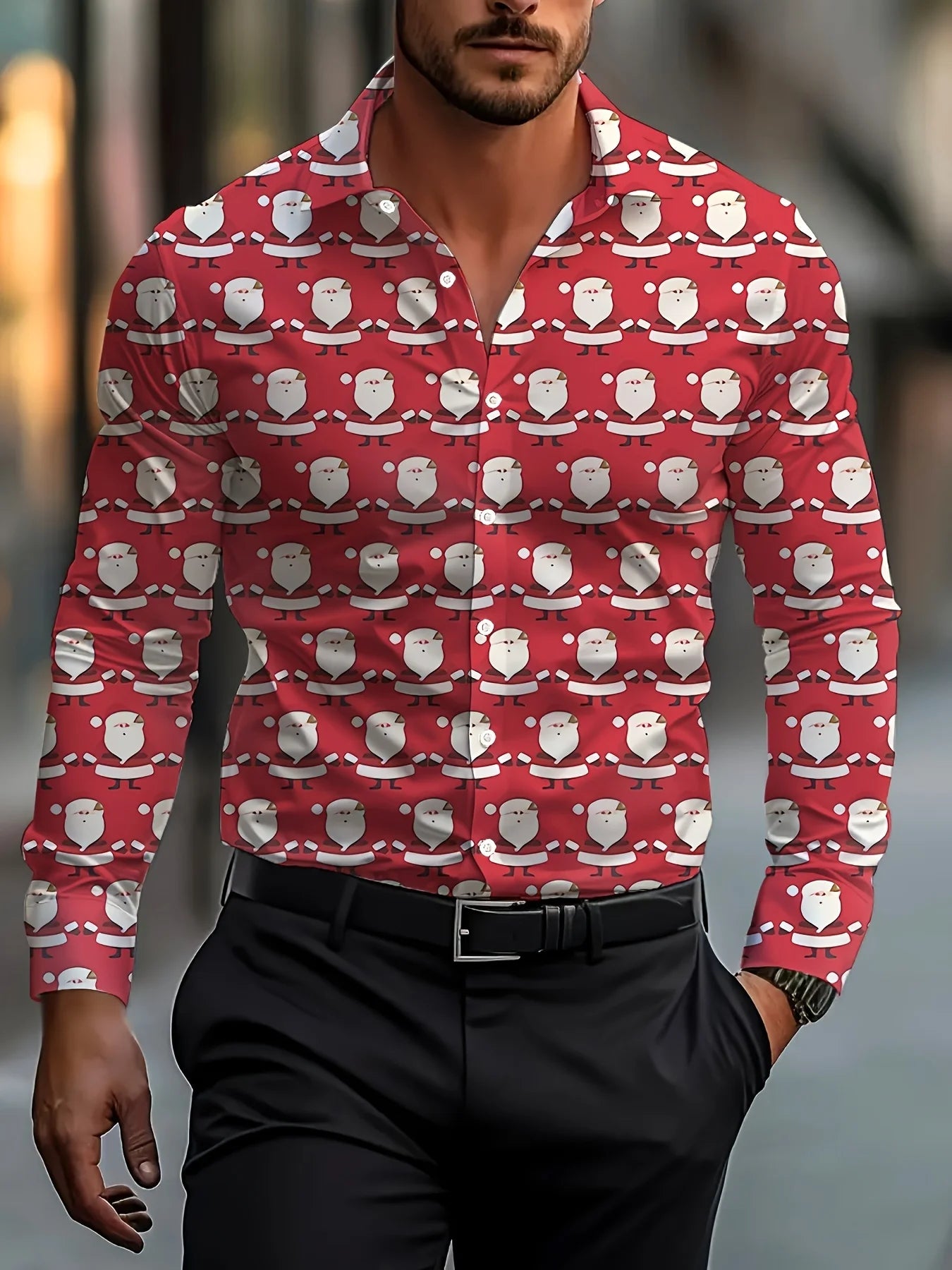 Men's Christmas festival themed 3D printed long sleeve shirt with Santa Claus and Christmas tree graphics by Showlu Fashion.
