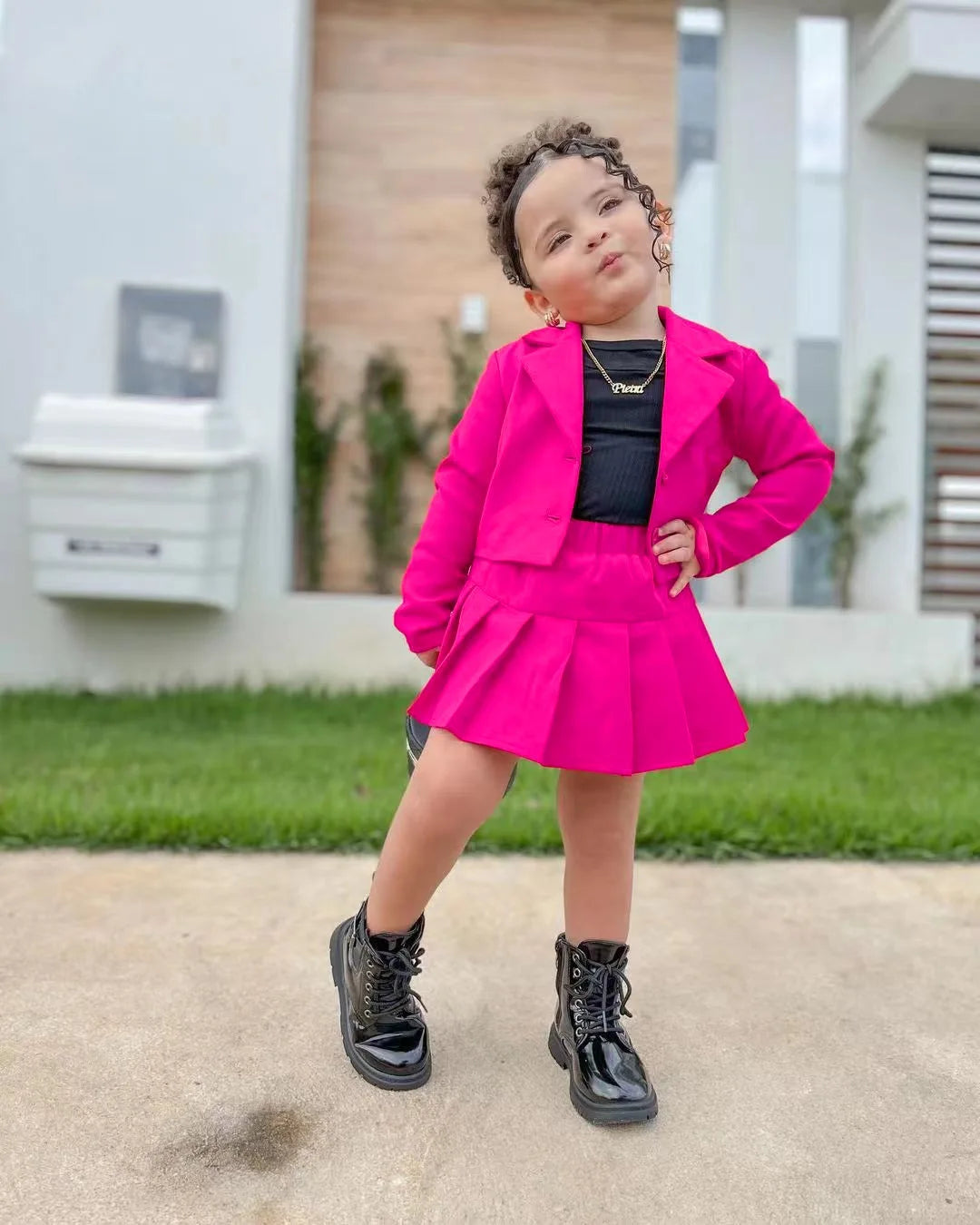 Toddler girl cotton jacket and skirt set in pink and white, size 2-8 years, from Showlu Fashion Store.