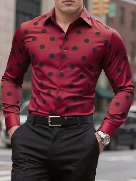 Men's long sleeve casual shirt with spotted lapel, button closure, breathable fabric, stylish outdoor wear by Showlu Fashion Store