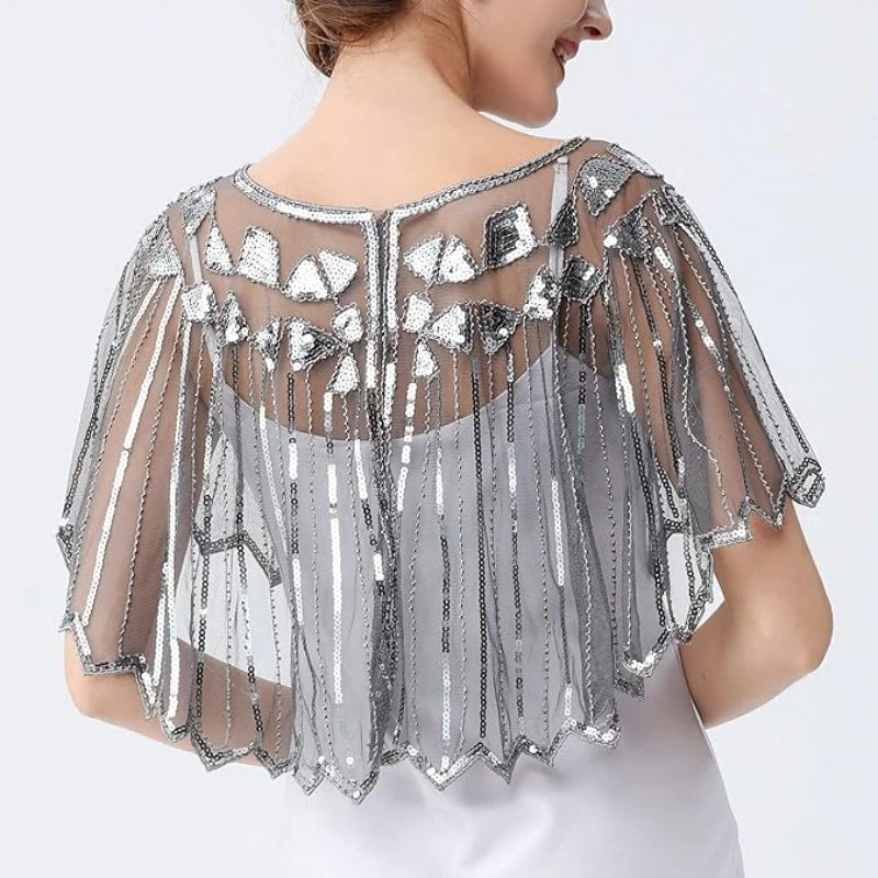 1920s retro beaded sequin flapper shawl, elegant loose decorative short cape for evening parties, ladies outerwear by Showlu Fashion