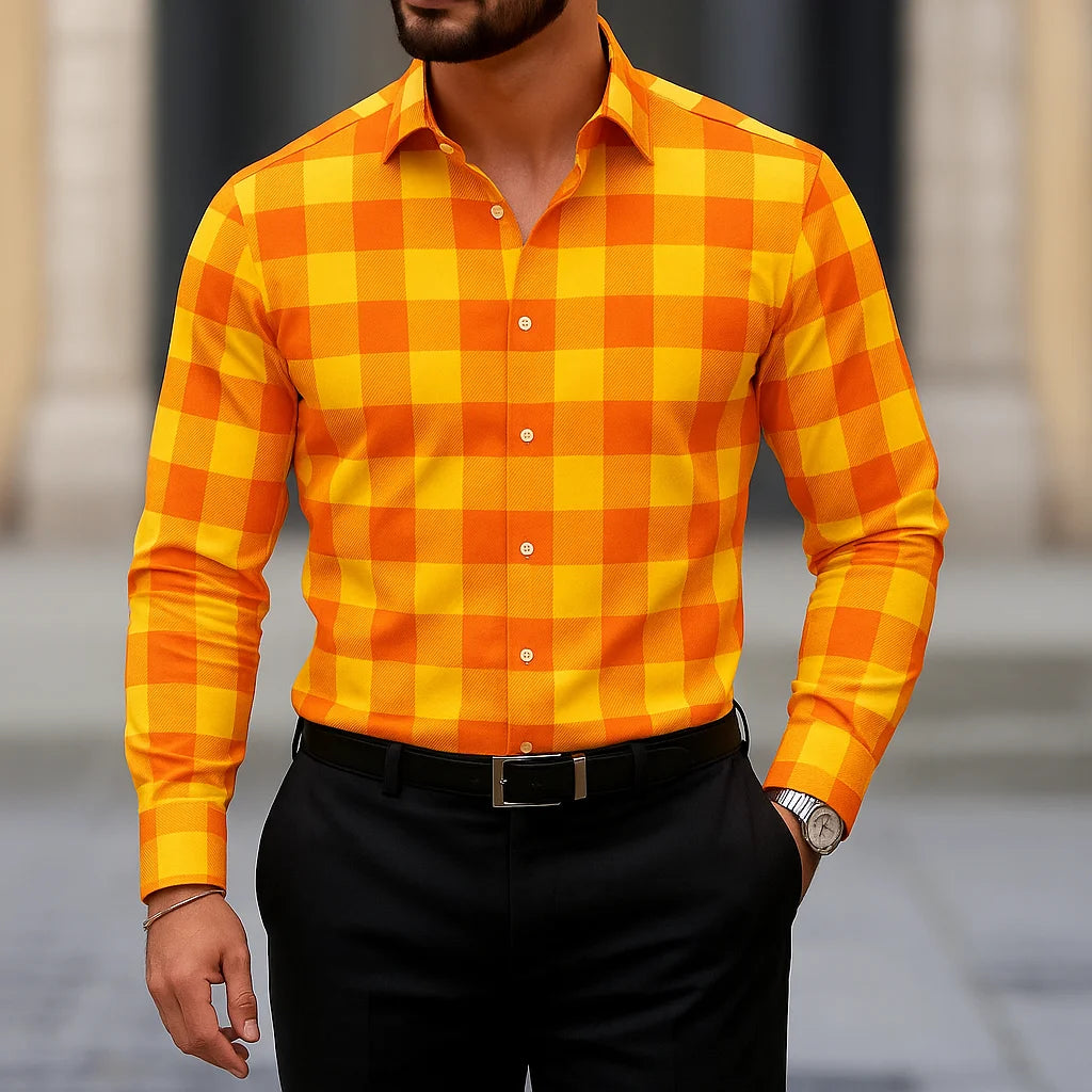 Bright yellow men's long sleeve slim fit button-down shirt with striped pattern, casual stylish top for men, Showlu Fashion.
