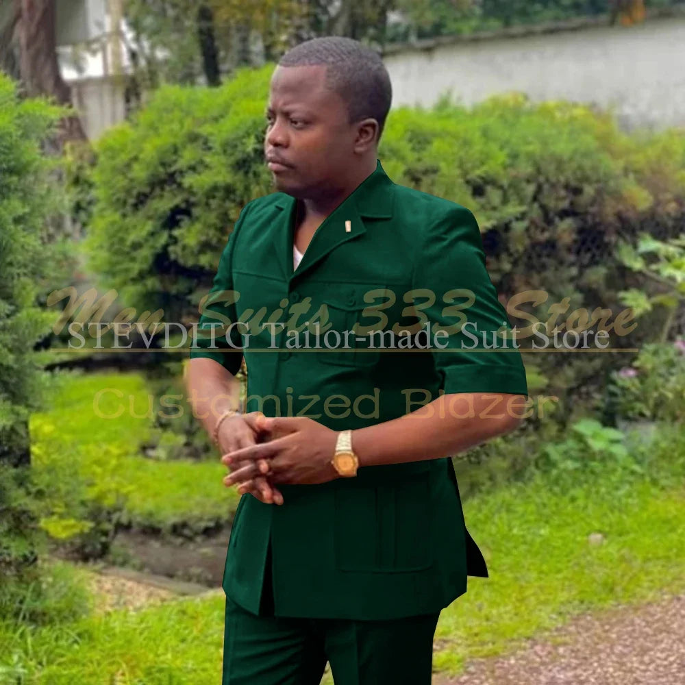 Safari men’s short sleeve suit set with single-breasted jacket and pants, African fashion style by Showlu Fashion.