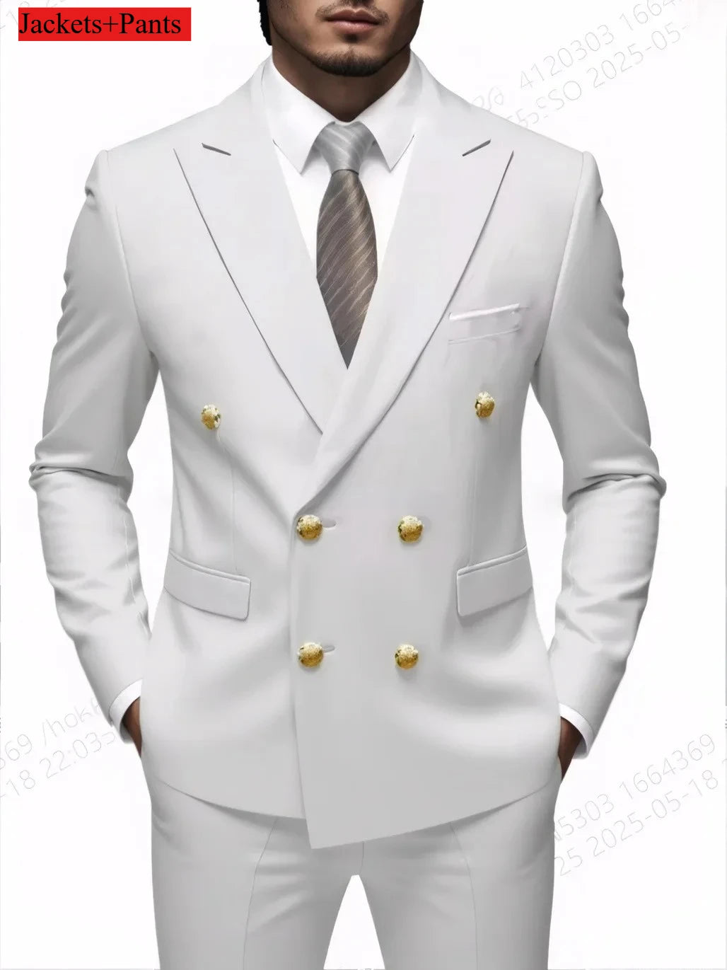 Black men's double-breasted slim fit suit with gold buttons, high-quality wedding and party costume, tailored by Showlu Fashion.