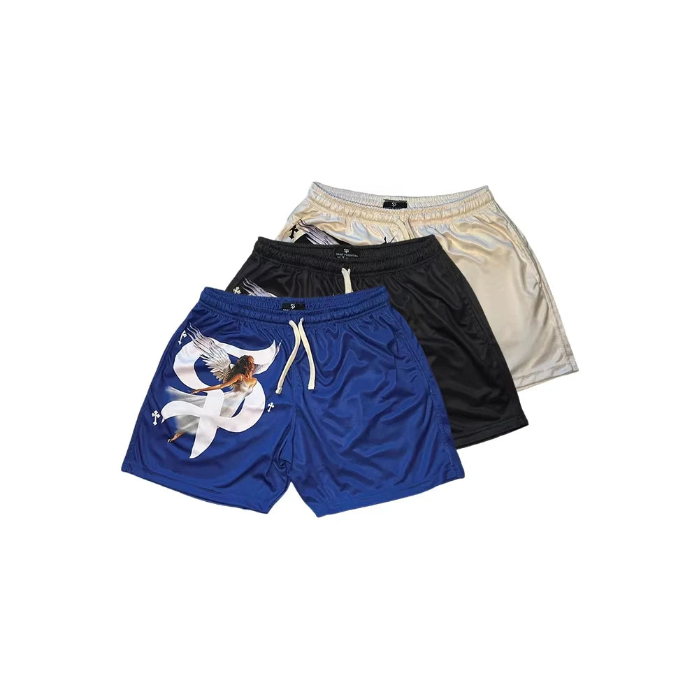 Showlu Faith Goddess Cross print basketball shorts made of quick-dry polyester, featuring a vibrant goddess design.