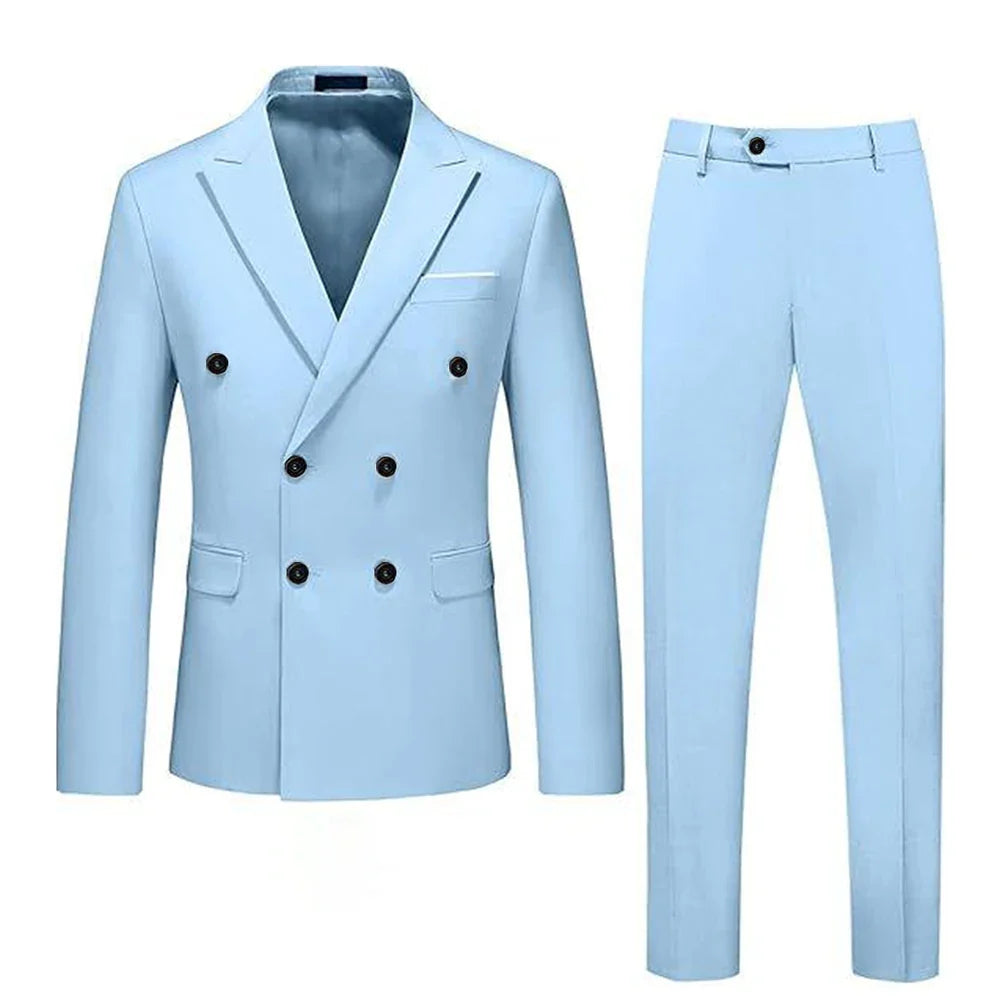 Sky blue SHOWLU men's double-breasted slim fit suit, 2-piece formal set with jacket and matching trousers, tailored for a sharp look.