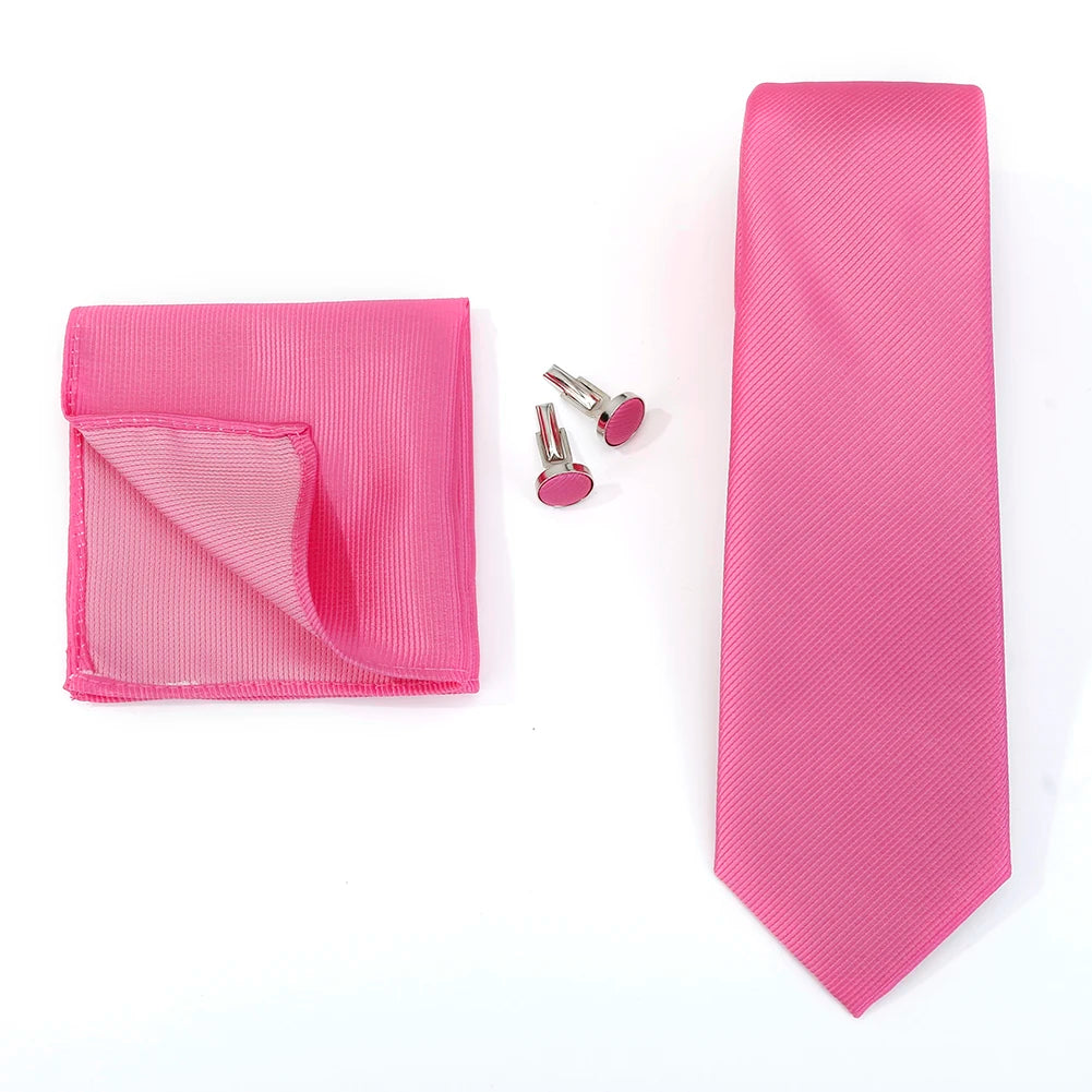 Solid color formal men's tie, jacquard woven, with matching handkerchief and cufflinks, suitable for weddings and business suits.