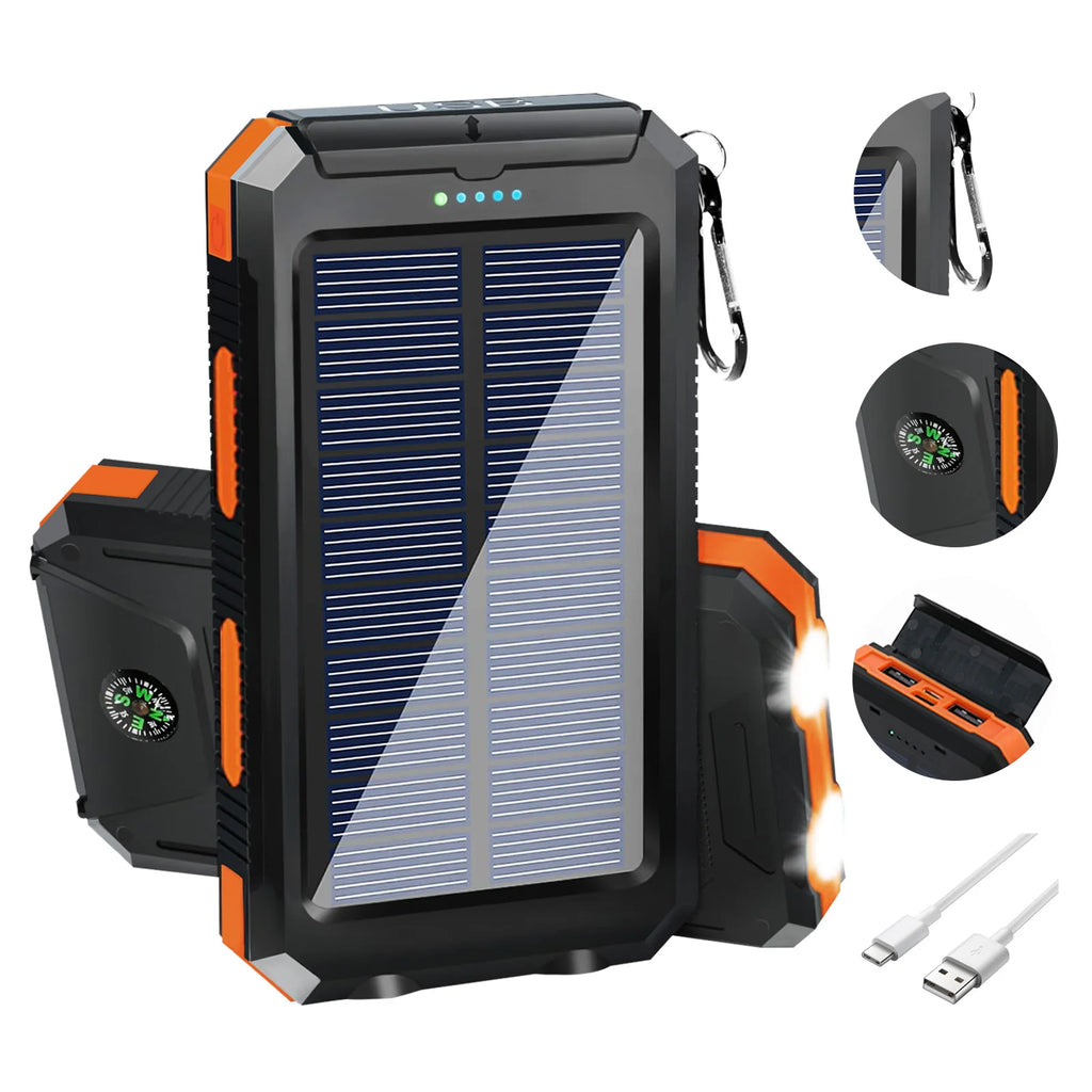 Showlu Smart 20000mAh solar power bank with waterproof design, portable charger with multiple USB ports and rugged exterior.