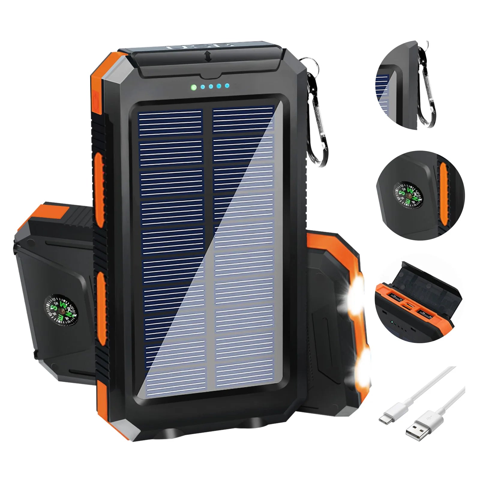 Showlu Smart 20000mAh solar power bank with waterproof design, portable charger with multiple USB ports and rugged exterior.