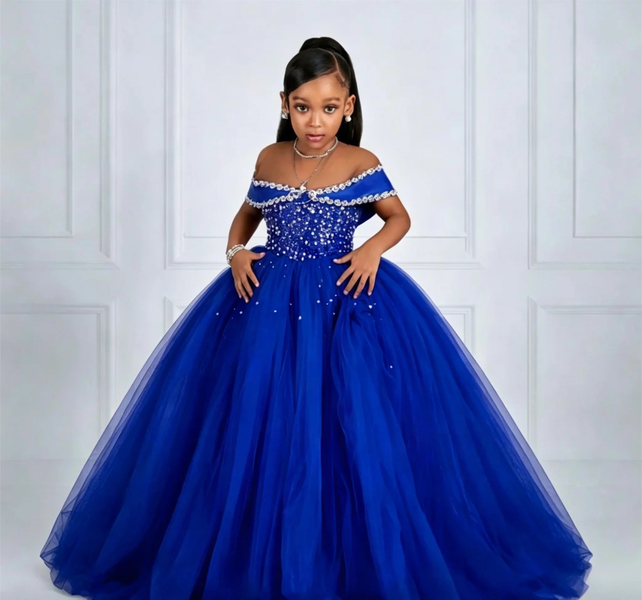 Luxury Customized Off Shoulder Flower Girl Dresses for Wedding Beading Tulle Floor Lenght Girls Birthday First Communion Gown