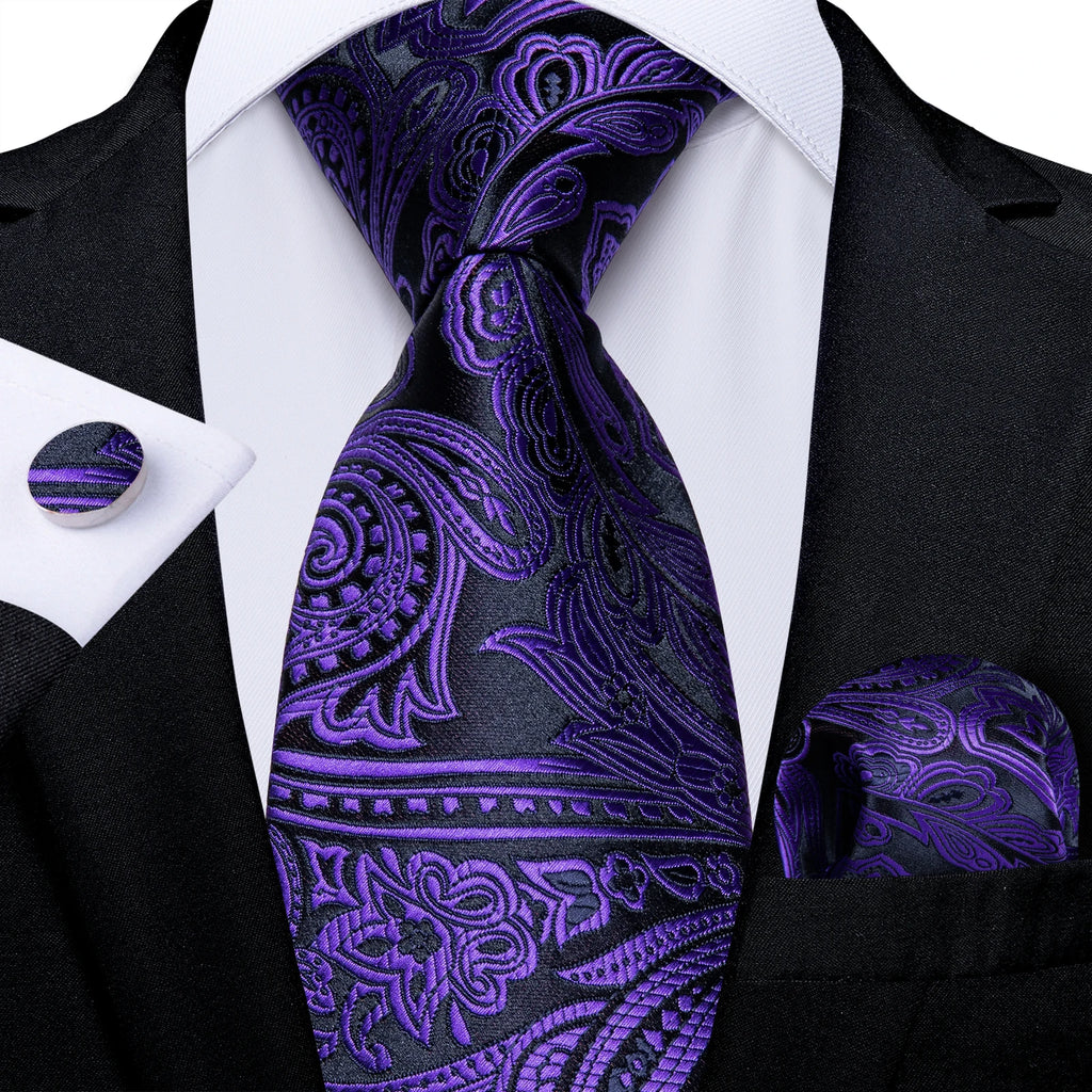 DiBanGu Ties For Men Purple Floral Paisley Necktie Business Formal 100% Silk Tie Pocket Square Set For Wedding Party Cravat