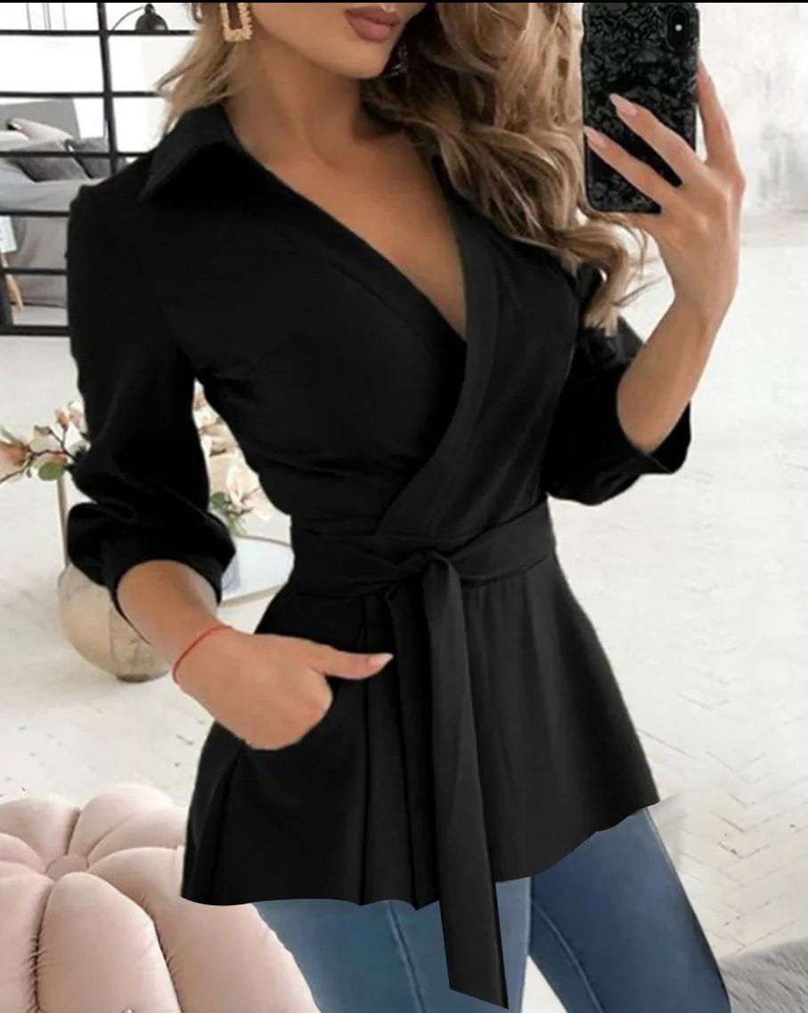 Women’s printed long sleeve work shirt top with V-neck and belt, suitable for casual, office, or party wear in spring and autumn styles.