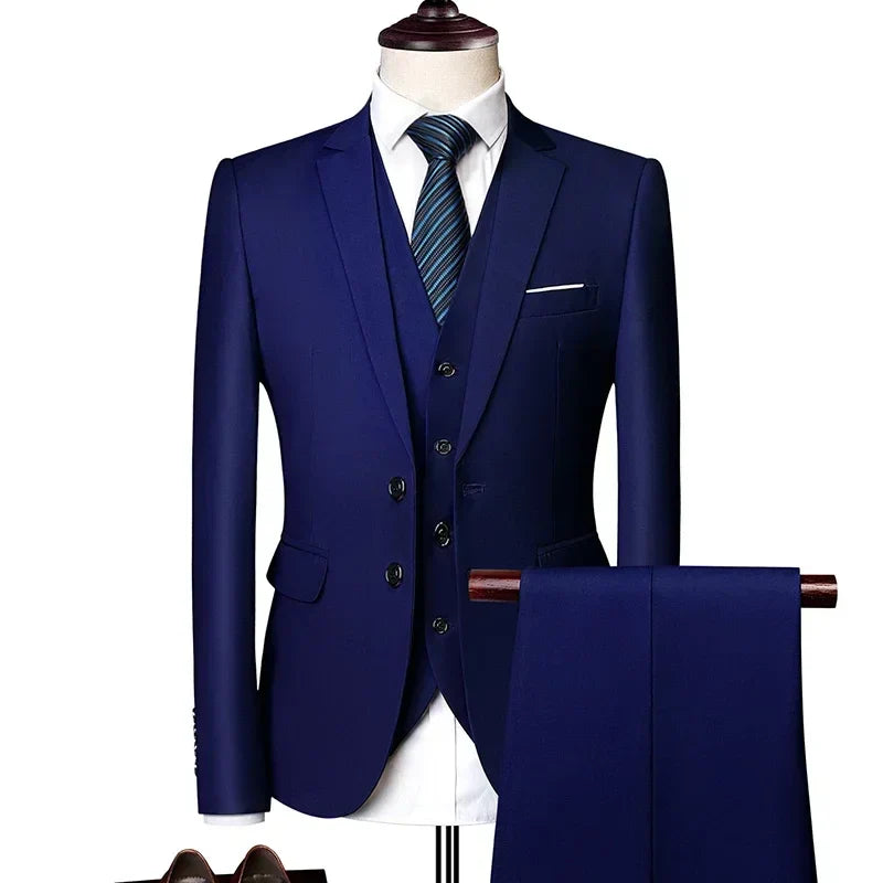 Men's slim fit 3-piece suit with solid color, featuring jacket, vest, and trousers, ideal for formal business or tuxedo occasions.