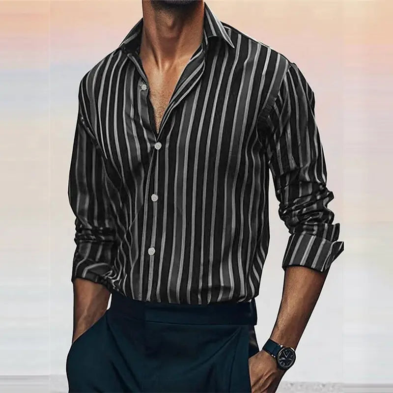 Men's striped casual long sleeve shirt by Showlu Fashion Store, soft, comfortable fabric, featuring a lapel collar and button details.