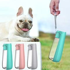 A hand holds a portable teal dog water bottle next to a French Bulldog and three color options.