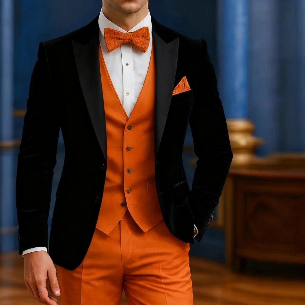 Men's formal white and orange 3-piece tuxedo by Showlu Fashion Store, suitable for wedding, graduation, or special occasions.