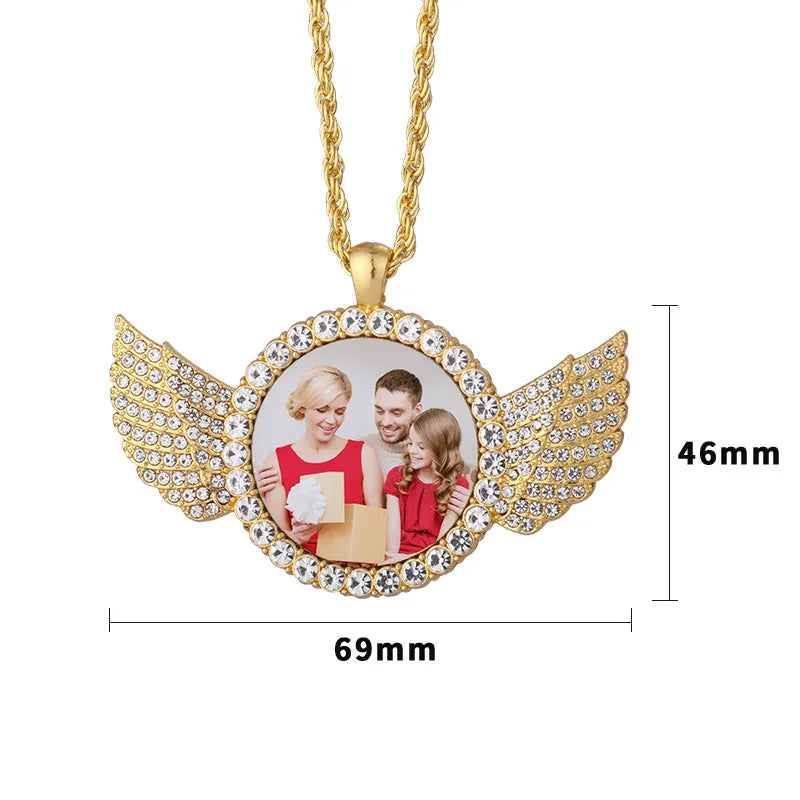 Showlu Custom Angel Wing Photo Necklace featuring zinc alloy memory pendant with angel wing design and personalized photo insert.