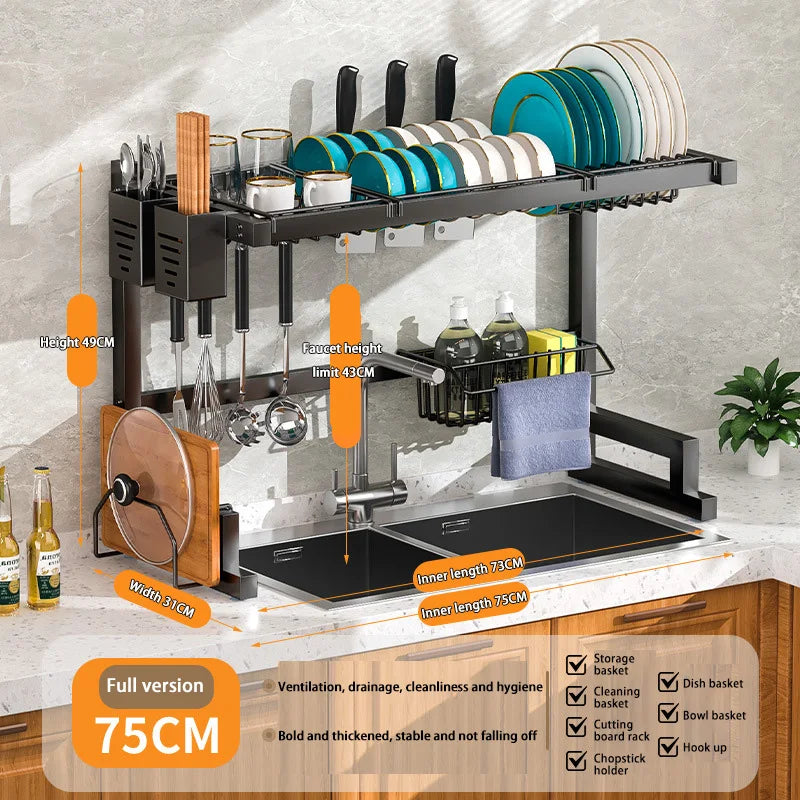 Stainless steel kitchen sink dish drain rack with utensil holder, compact and durable for organized dish drying.