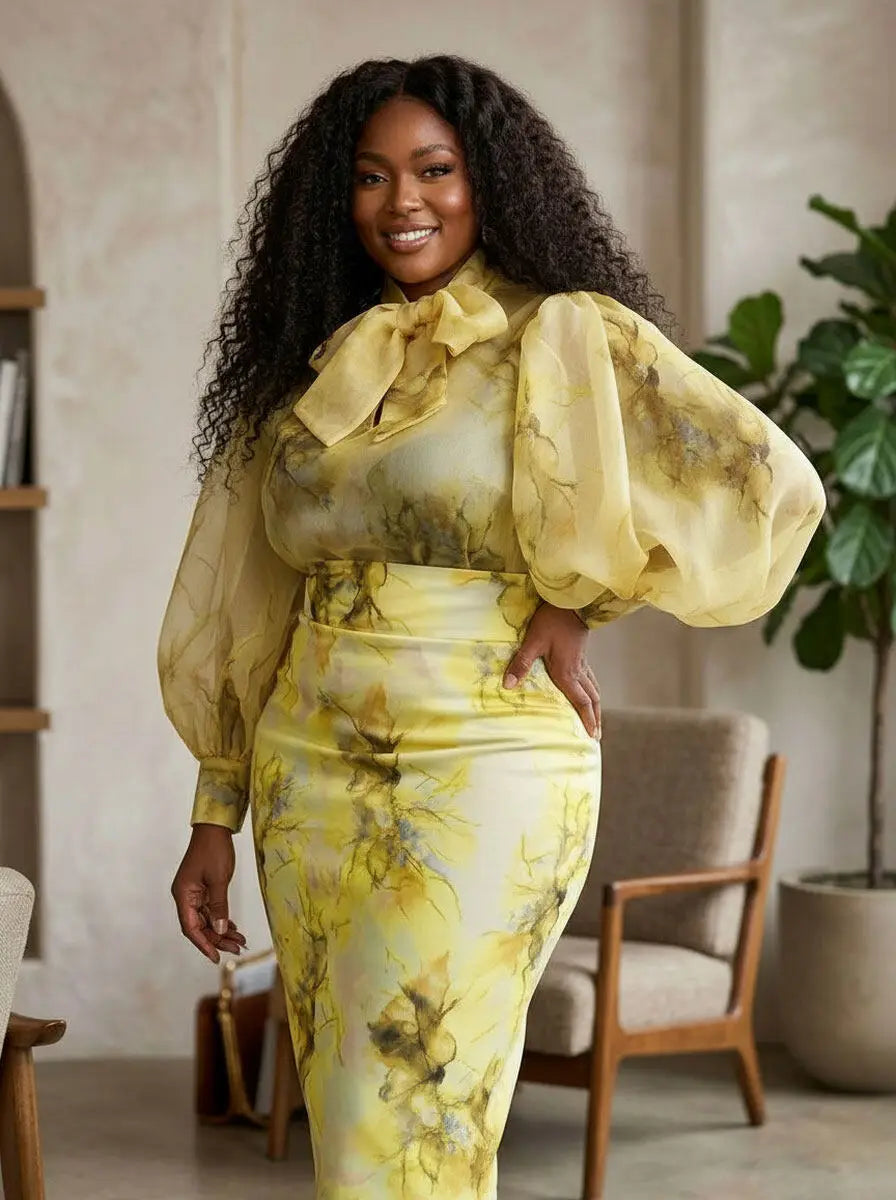 Women Plus Size Long Sleeve Printed Top And Bodycon Midi Skirt Outfit For Brunch Date Wedding Guest Daily Elegant Occasion