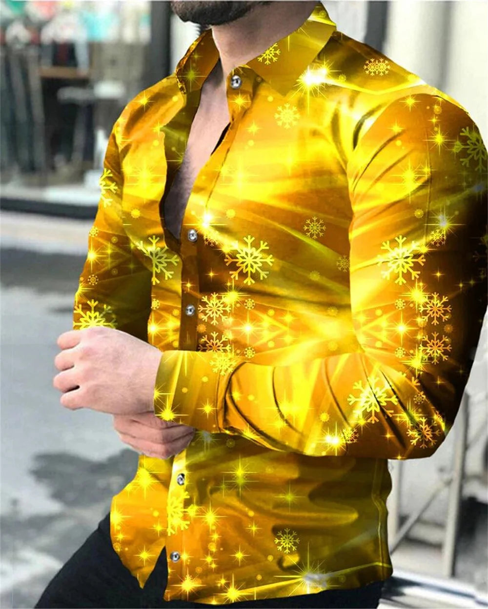 Men's casual long-sleeve button-up shirt with designer prints, lapel collar, ideal for spring fashion from Showlu Fashion Store.