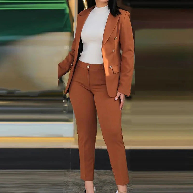 Navel orange women's slim fit pant suit with solid cardigan and pencil pants, stylish professional outfit from SHOWLU FASHION STORE