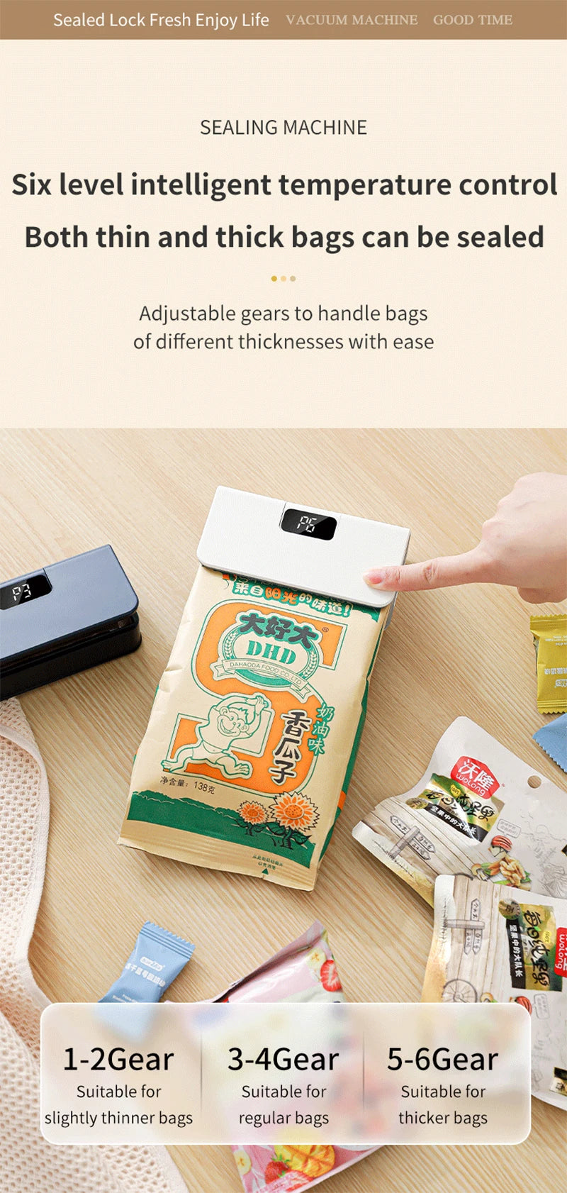 Showlu Smart General Mini Bag Sealer for resealing snack bags, compact design, black plastic with sealing strip and easy grip handle.