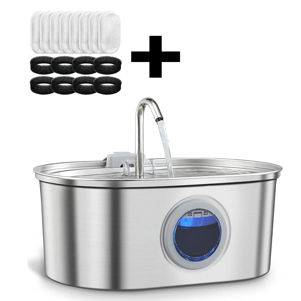 Stainless steel ZKYJ 3.2L cat water dispenser with ultra-quiet automatic fountain, showing the sleek water flow and modern design