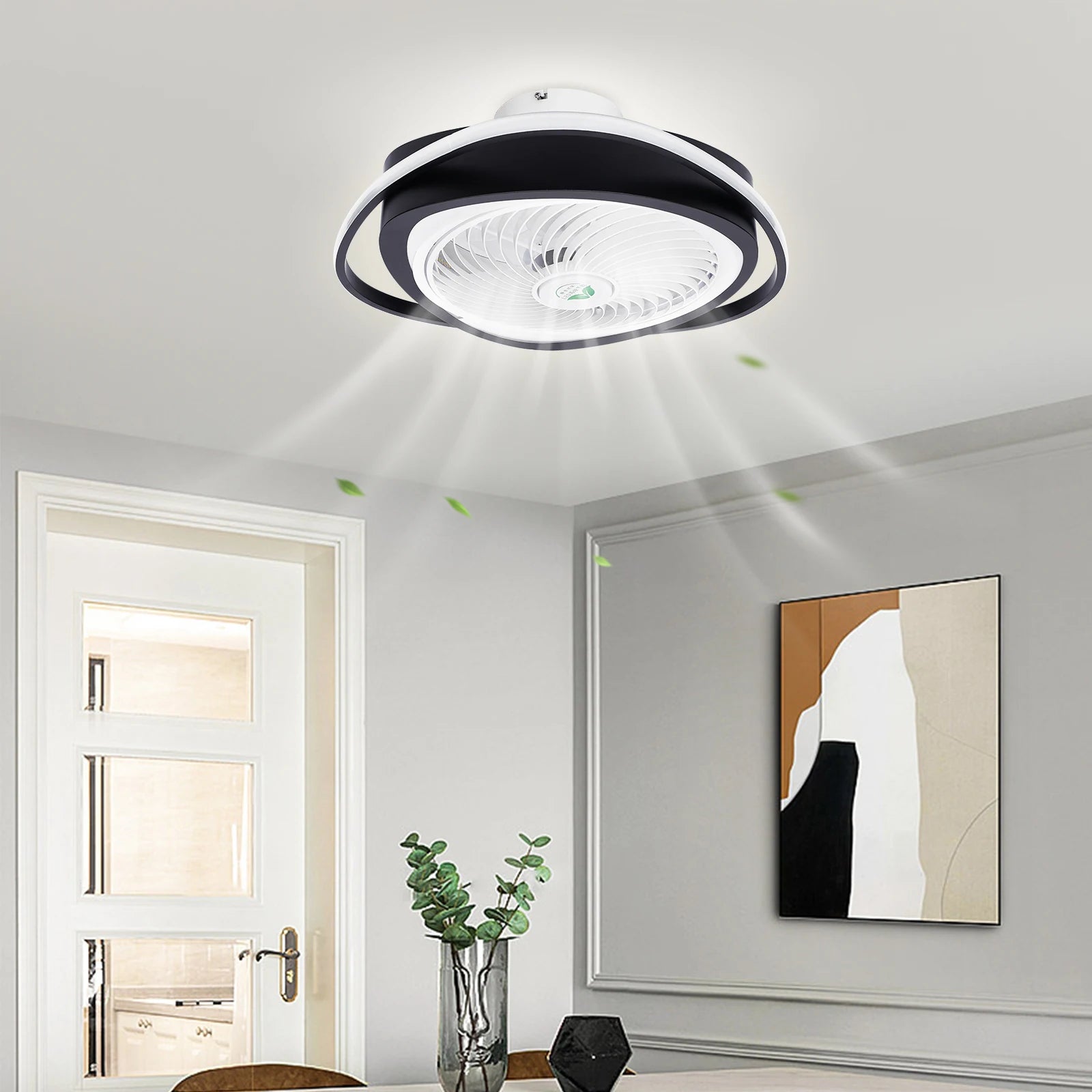 Showlu 20-inch low profile ceiling fan with dimmable LED light and remote control, mounted on a ceiling in a modern room setting.